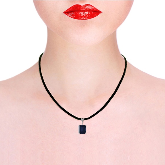 14K. GOLD & LEATHER NECKLACE WITH DIAMOND & SAPPHIRE (White Gold) - Picture 2 of 2